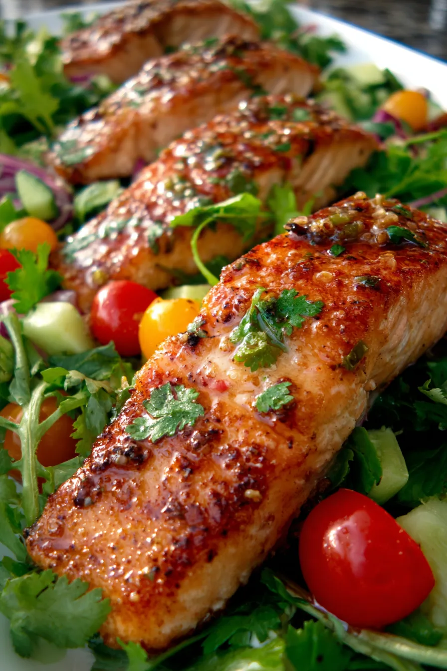 honey cilantro lime salmon salad-plated