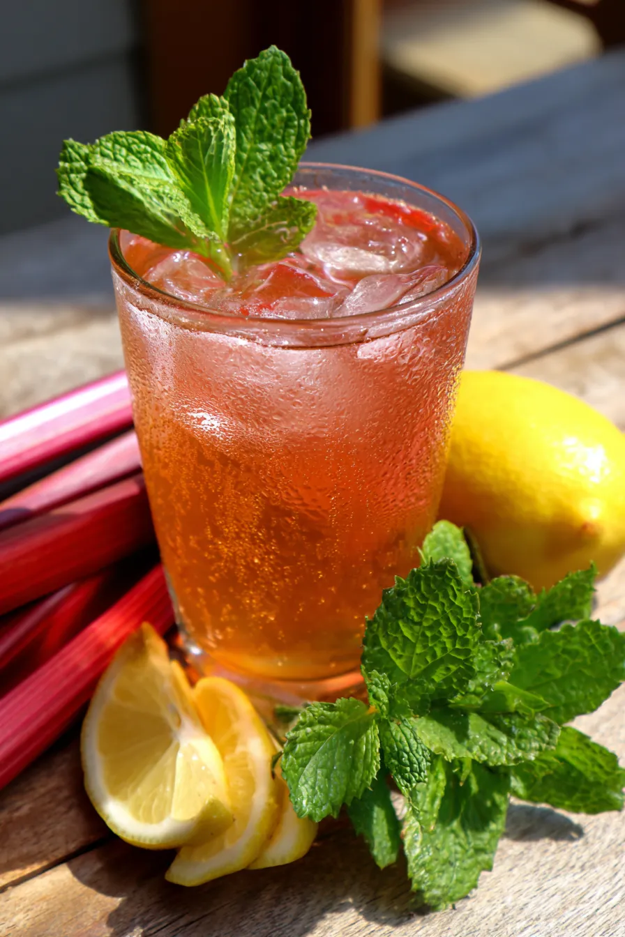 Iced Rhubarb Tea, rhubarb stalks, lemon slices, mint, ingredients overhead