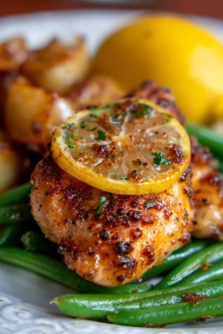 Lemon Garlic Butter Chicken Thighs Recipe with Green Beans – Best Chicken Thighs Recipe-served