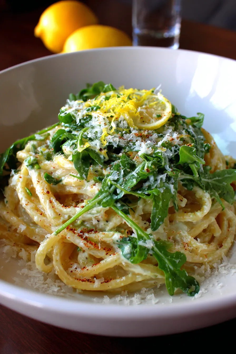 Lemon Ricotta Pasta With Arugula-closeup-fresh