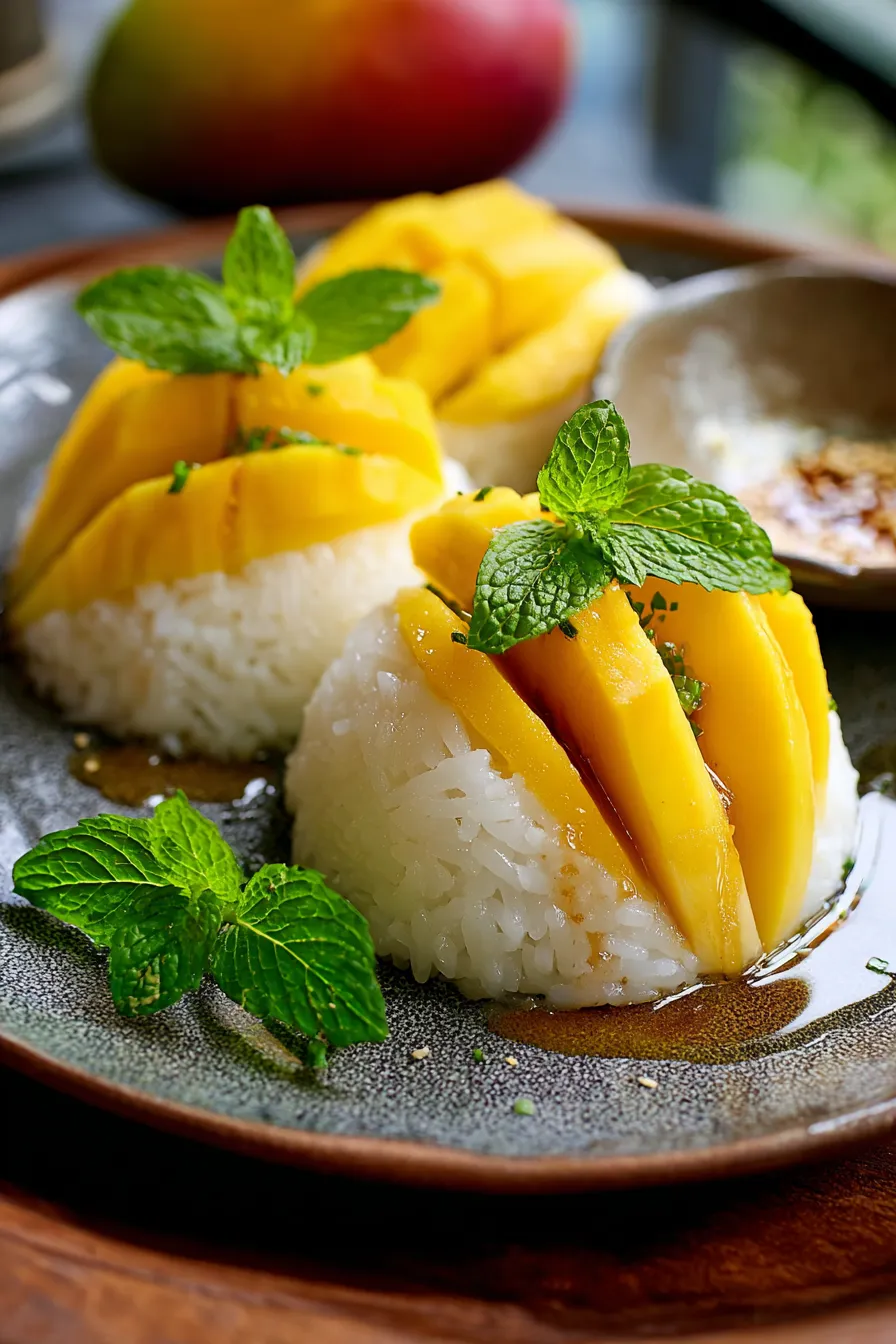 mango sticky rice-coconut milk-pouring