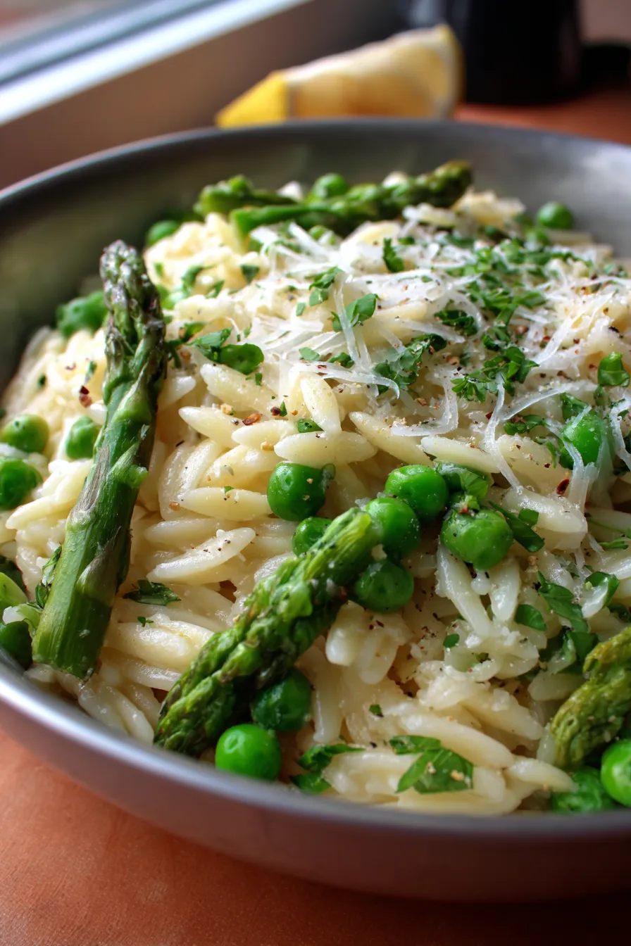 One Pot Orzo with Asparagus and Peas-serving-bowl