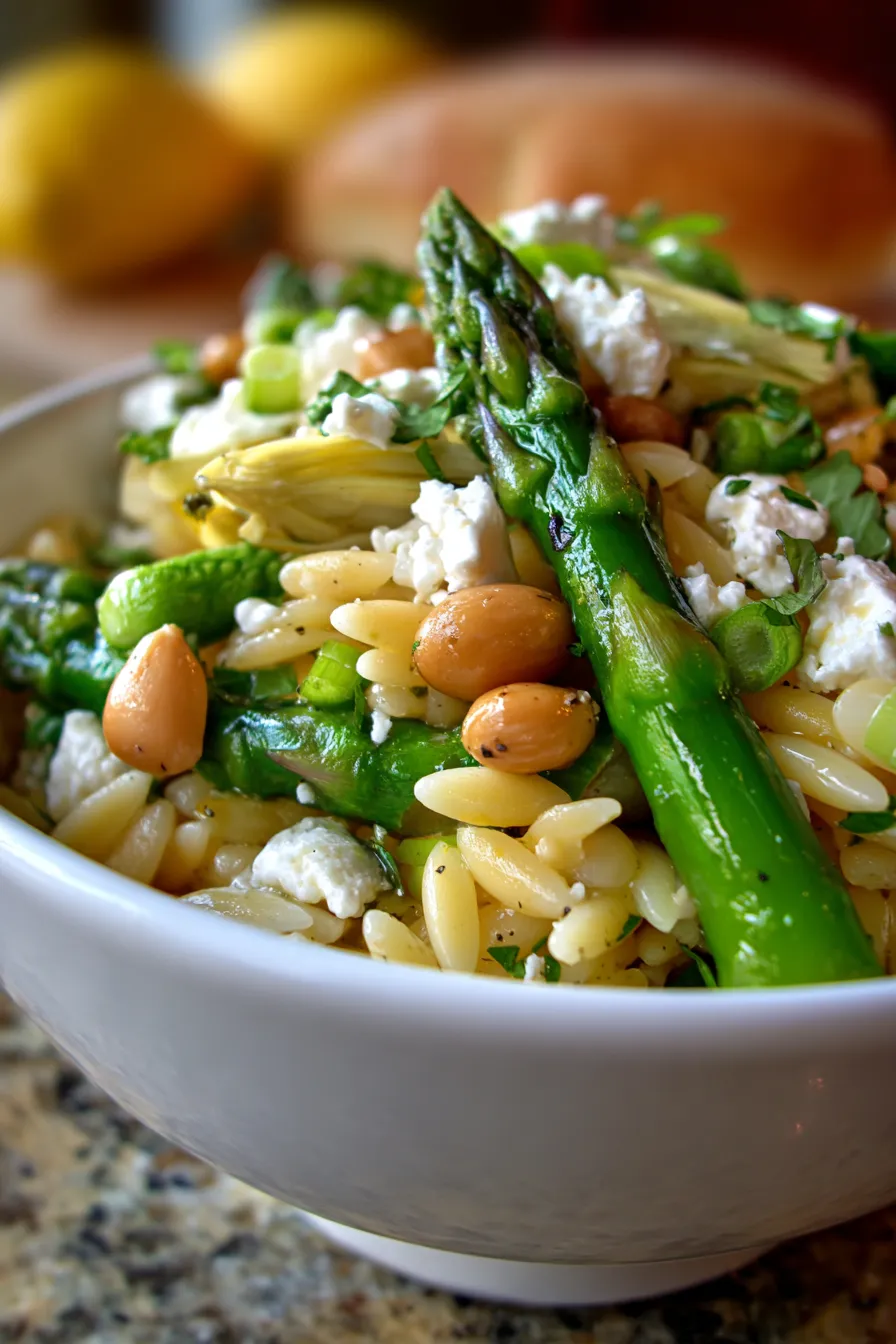 Orzo Salad with Asparagus, Artichoke Hearts and Feta-texture-closeup