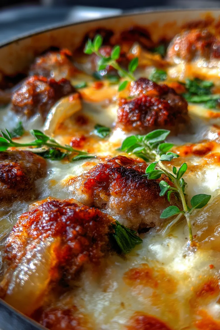 Savory beef meatballs simmering caramelized onions
