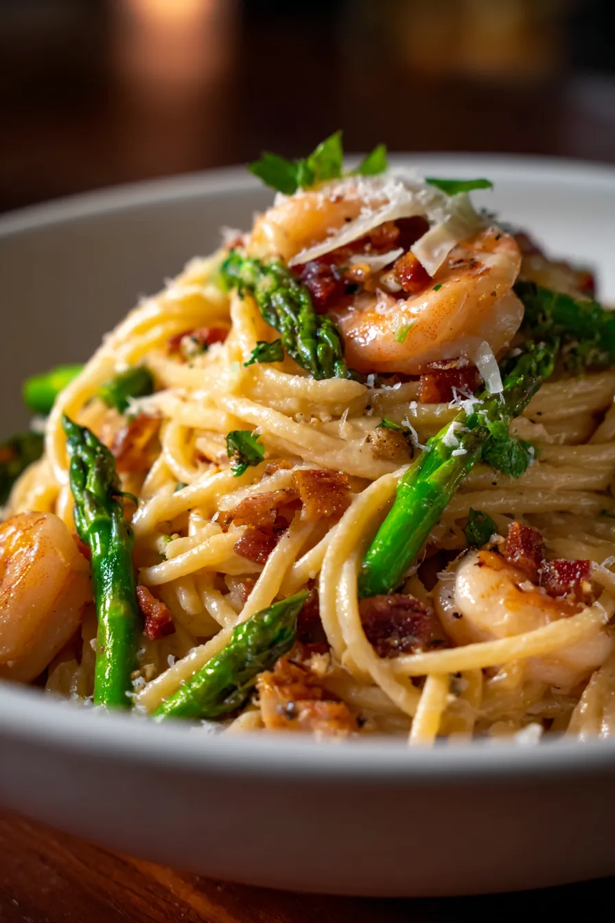 Shrimp Asparagus Carbonara ingredients flat lay
