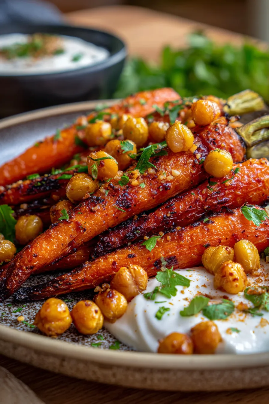 Spicy maple roast carrots with crispy chickpeas and yogurt sauce-texture-closeup