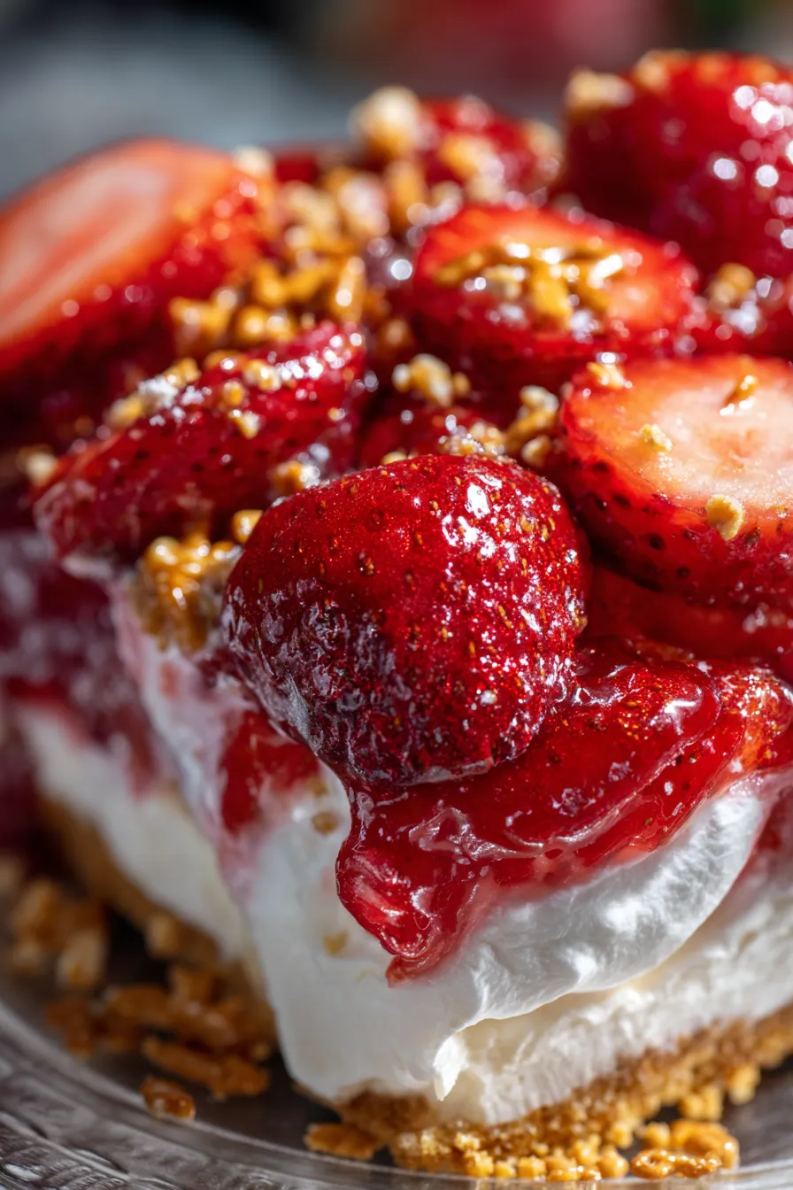 Strawberry Jello Pretzel Salad-slice-serving