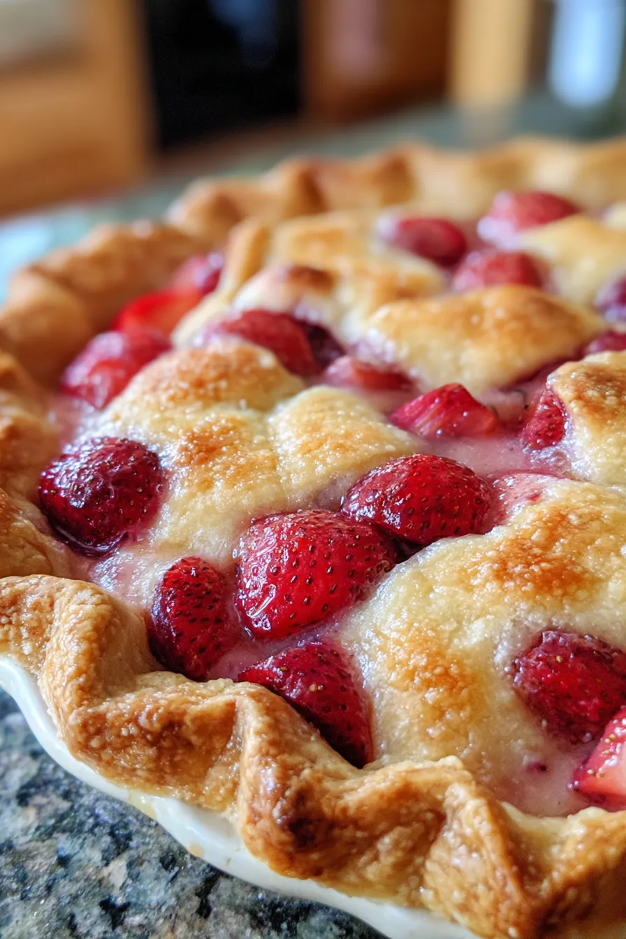 Whole Strawberry Rhubarb Custard Pie on a rustic table
